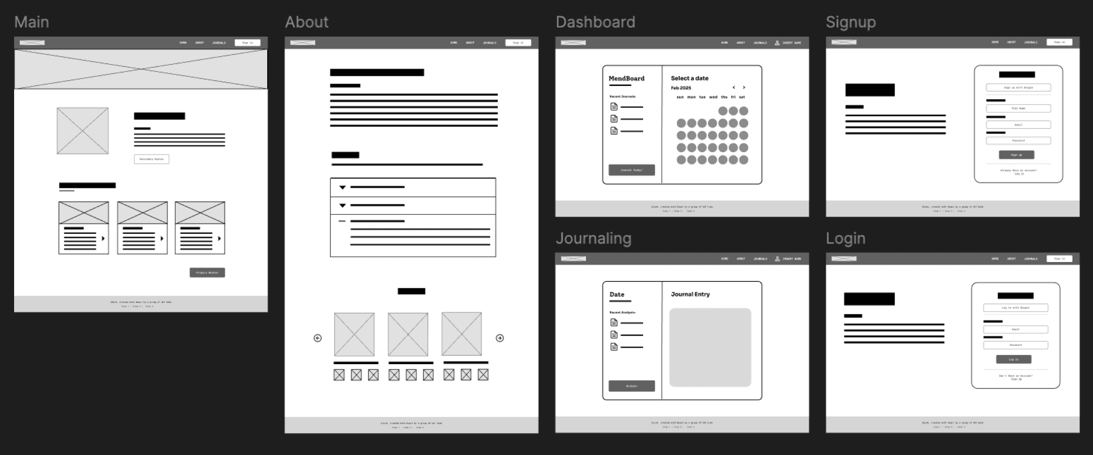 Lo-fi wireframes for Mend